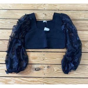 NWT Free People Intimately Crop Shirt Medium Women’s Black Lace Sleeve MSRP $68